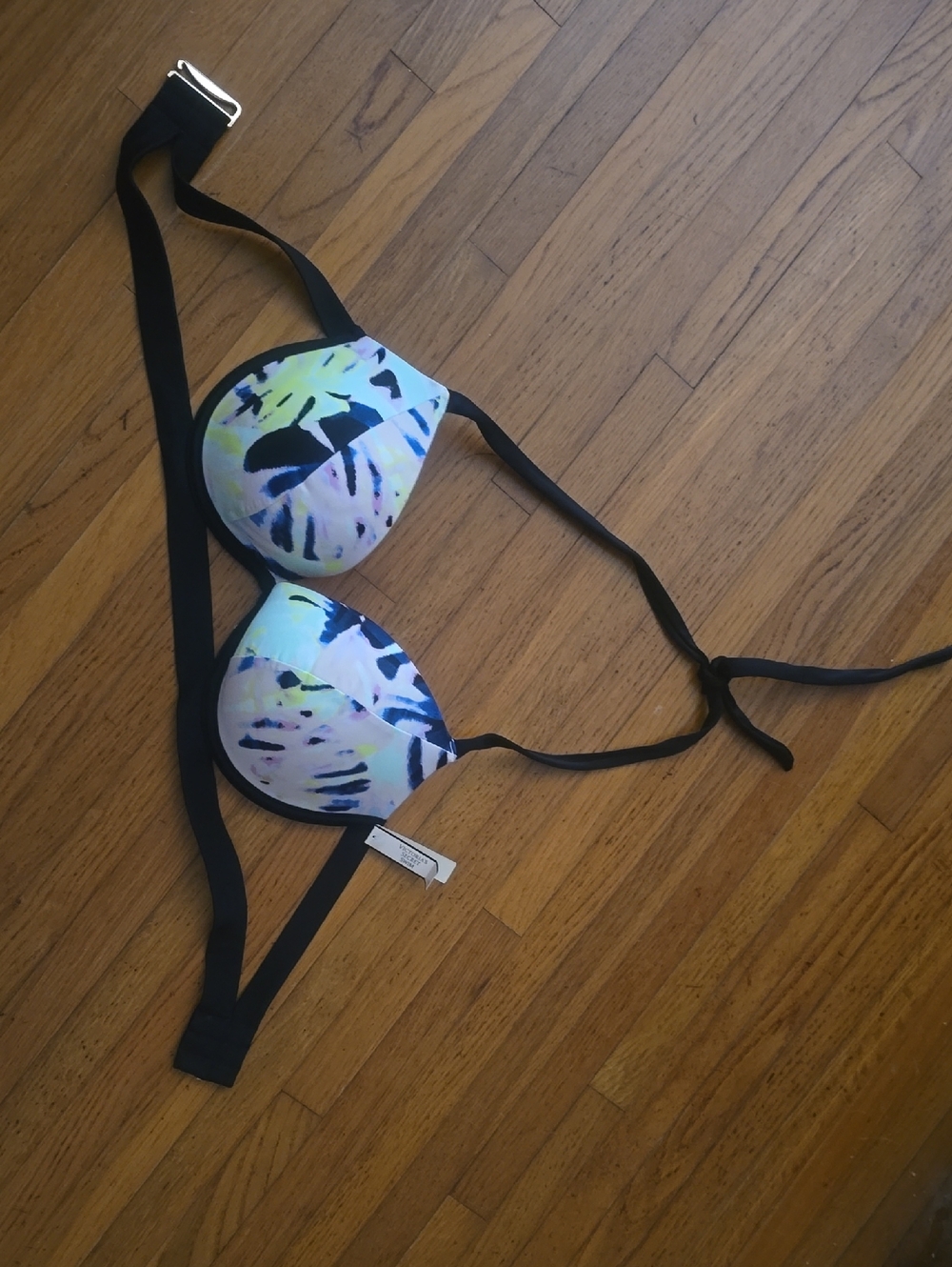 Victoria Secret Black Strap Bikini Top with Abstract Pastel Print